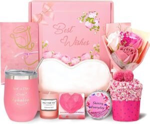 Pink Gift Baskets, 9 Pcs Unique Spa Gift Basket Set, Get Well Soon Gifts, Birthday Gifts for Her, Wife, Teacher, Girlfriend, Friends, Sister