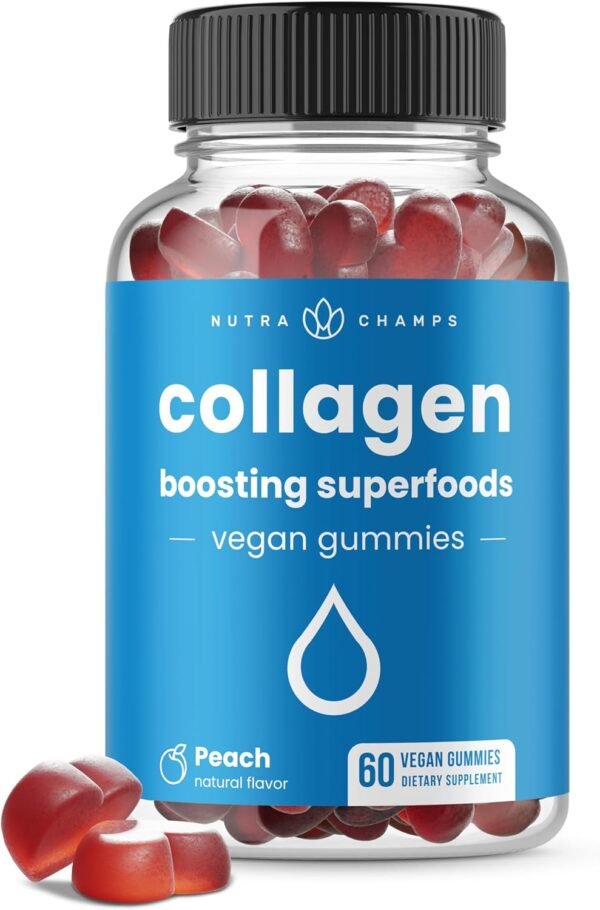 NutraChamps Collagen Boosting Gummies, Collagen Booster Gummy for Natural Collagen Production, Vegan Pectin Supplements Chews for Women & Men, 60 Peach Vitamins Gummies