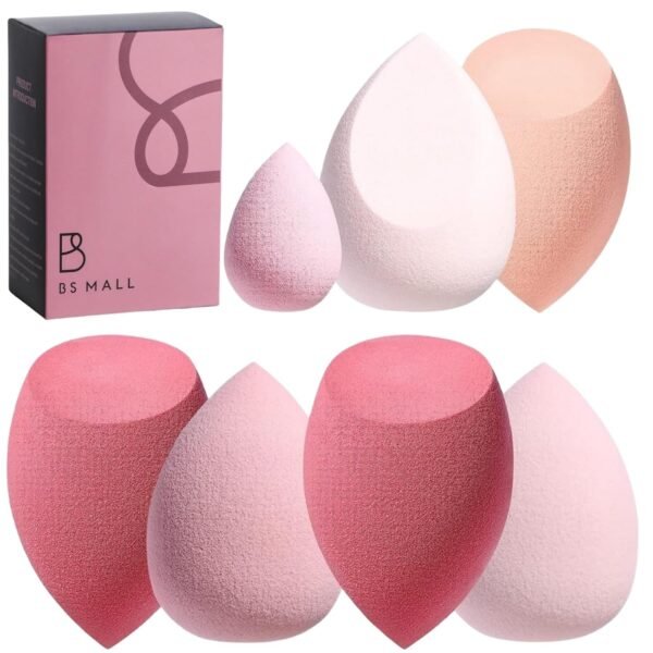Makeup Sponge Set BS-MALL with Storage Case 7 Pcs for Liquid, Cream, and Powder, Foundation with 1 Mini Makeup Sponge Pink For Travel Daily Use (A-Pink）