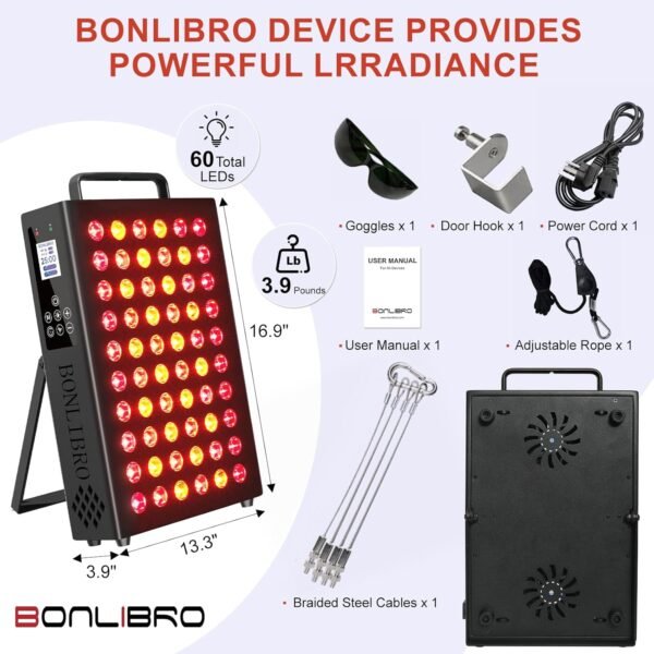 Red Light Therapy Panel for Body, Quad Wave 660nm 850nm 630nm 940nm Near Infrared Light Therapy Panel, Portable 60 Dual Chip LED Device with 105W of Power, for Pain Relief, Skin Health, Improve Sleep