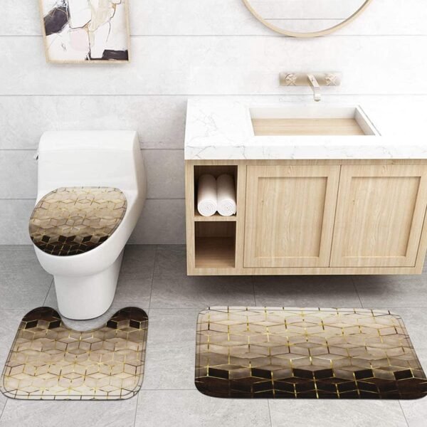 4Pcs Brown Gradient Shower Curtain Set, Modern Geometric Shower Curtain Set Golden Cubic Lines Bathroom Set Texture Art Bath Accessories with Mats