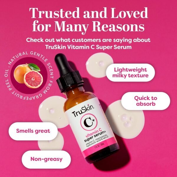 71Cat6QfI3L._SL1500_.jpg TruSkin Vitamin C Super Serum - Niacinamide, Retinol, Hyaluronic & Salicylic Acid - All-in-One Anti Aging Serum for Face – Improve Appearance of Dark Spots, Firmness for Brighter Looking Skin, 2 Fl Oz