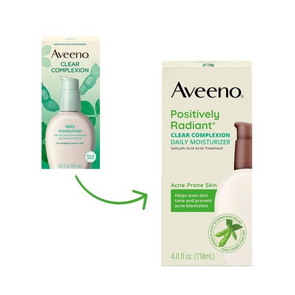 71Ch5qQf2yL._SL1500_.jpg Aveeno Positively Radiant Clear Complexion Face Moisturizer, Acne Facial Moisturizer with Soy and Salicylic Acid for Oily Skin, Hypoallergenic Formula, Paraben-Free, Non-Comedogenic, Pump, 4 FL OZ