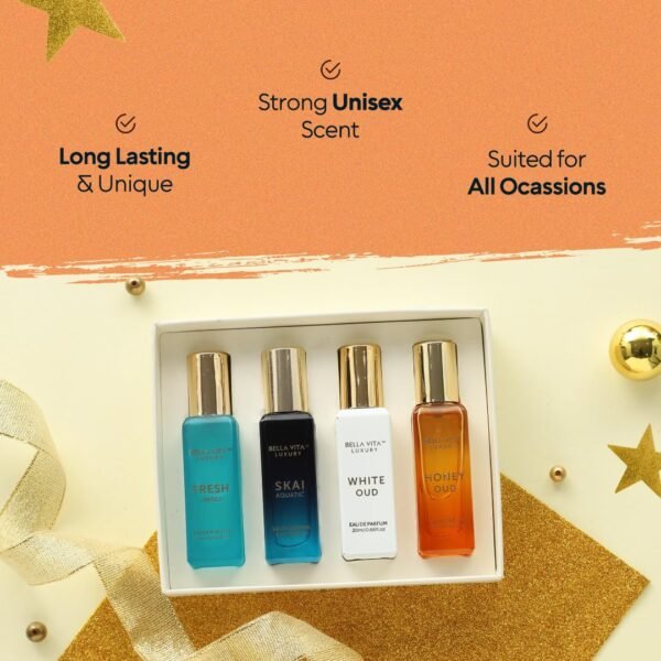 71CyAig0evL._SL1080_.jpg BellaVita Luxury Unisex Cologne Gift Set (4x20ml) | Fragrances Includes Honey OUD, SKAI, FRESH & White OUD | Travel Size Mini Perfumes & Spicy Vanilla Perfume Oil | Unisex Perfume for Women & Men