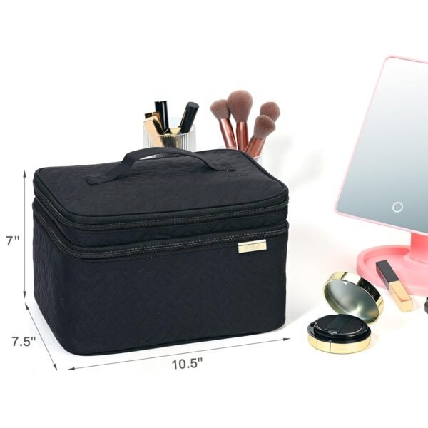 NISHEL Large Double Layer Travel Makeup Bag Women, Cosmetic Case, Organizer for Travel-Size Accessories Bottles, Brushes, Conditioner, and Skin Care Products, Black