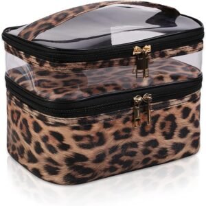 71DTHItIS0L._AC_SL1500_.jpg Double-layer Cosmetic Bag Makeup Bag Travel Makeup Bag Makeup Bags for Women Cosmetics Cases Portable Waterproof Foldable (Leopard)