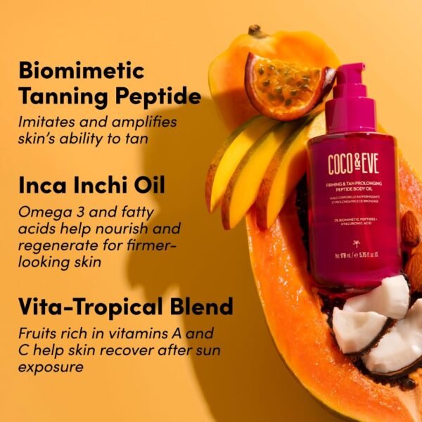 Coco & Eve Firming & Tan Prolonging Peptide Body Oil. Up to 28 Days Natural Tan Extender. After Sun Care with Tropical Oils, Vitamins C & E for Nourished, Glowy & Visibly Firmer Skin. (5.75 fl oz)