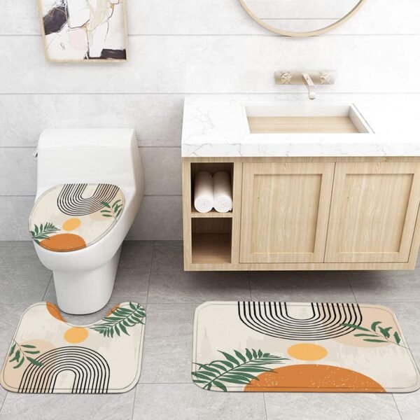 FZDHHY 4PCS Boho Shower Curtain Set Retro Orange Shower Curtain Bathroom Set with Rugs Abstract Shower Curtains for Bathroom with Carpet Bath Mat Toilet Rugs