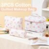 Makeup Bag for Women 3PCS Quilted Cotton Make Up Bag Travel Cosmetic Bag Large Makeup Bag Set Cute Bow Makeups Purse Organizer Floral Toiletry Pouch