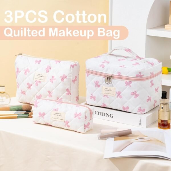 Makeup Bag for Women 3PCS Quilted Cotton Make Up Bag Travel Cosmetic Bag Large Makeup Bag Set Cute Bow Makeups Purse Organizer Floral Toiletry Pouch