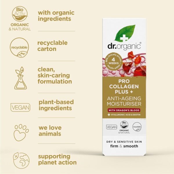 71E8I8qXvUL._SL1500_.jpg Dr. Organic Pro Collagen Plus + Anti-Ageing Moisturiser with Dragon’s Blood | Reduces Wrinkles, (Dry & Sensitive Skin) Natural, Certified Organic, Paraben & SLS-Free, 50 mL / 1.7 fl oz