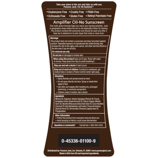 Panama Jack Amplifier Suntan Oil - Contains No Sunscreen Protection (0 SPF), Light Formula with Exotic Oils, Fruit and Nut Extracts, Tropical Fragrance, 8 FL OZ