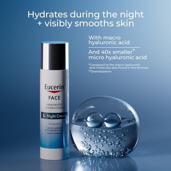 71EdqloQfnL._SL1500_.jpg Eucerin Face Immersive Hydration Night Cream with Hyaluronic Acid and Provitamin B5, Ultra-Lightweight Face Moisturizer Smooths Fines Lines and Wrinkles, 2.5 Oz Bottle