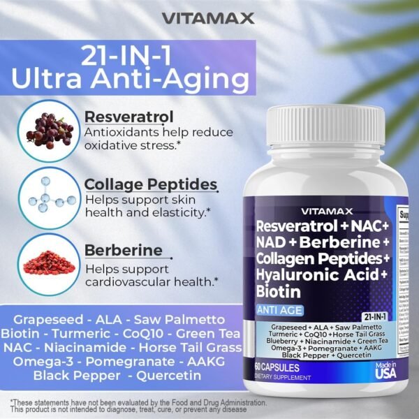 71EuChQmR6L._AC_SL1080_.jpg Resveratrol NAD+ Berberine Hyaluronic Acid - Biotin Grape & Blueberry + NAC - Collagen Peptides - Hair, Nail, Skin & Joint Supplement - 21-in-1 Women and Men - Made in USA (60 Count (Pack of 1)