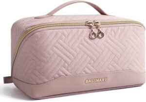 71F250bEQeL._AC_SL1500_.jpg BAGSMART Makeup Bag, Travel Cosmetic Bags Water-resistent Makeup Case for Women Portable Pouch Open Flat Make Up Organizer for Toiletries, Brushes, Pink