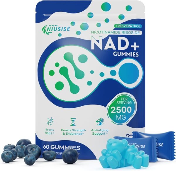 NAD Gummies Sugar Free, NAD+ Supplement with Liposomal Nicotinamide Riboside, Resveratrol, Quercetin, NAD Supplement for Anti-Aging, Energy, Cellular Health, Blueberry Flavor, 60 Gummies