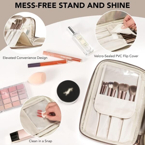 Travel Makeup Bag Women's Large Capacity Cosmetic Portable Organizer Large Opening Waterproof Storage Toiletry Bags Vertical Free-Standing Brush Holder for Easy Access Copper