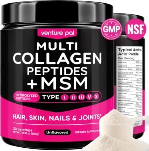 Venture Pal Multi Collagen Protein Powder for Joint Support - Hydrolyzed Collagen Peptides MSM + GC, Type I II III V X & Vitamin C | Collagen Supplement for Women & Men | Hair, Skin, Nail & | Non-GMO