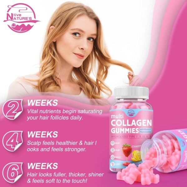 71Fc5R44zBL._AC_SL1500_.jpg Multi Collagen Peptides Gummies, Type I, II, III, V, X - Hydrolyzed Collagen Peptides with Biotin, Hyaluronic Acid, Supports Healthy Skin, Strong Nails & Thick Hair, 60 Count, 1 Pack