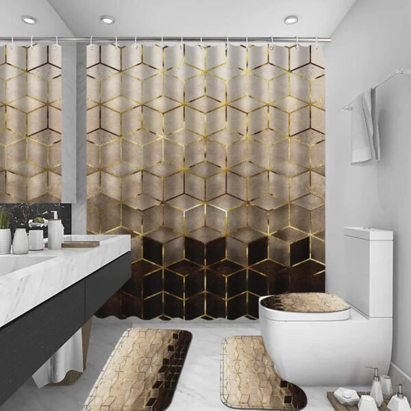 4Pcs Brown Gradient Shower Curtain Set, Modern Geometric Shower Curtain Set Golden Cubic Lines Bathroom Set Texture Art Bath Accessories with Mats