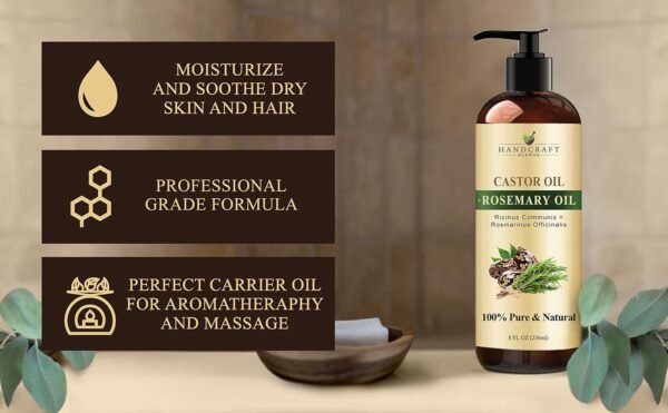 71FhW8m507L._SL1500_.jpg Handcraft Blends Castor Oil with Rosemary Oil - 8 Fl Oz - 100% Pure and Natural - Premium Grade Carrier Oil for Hair Growth, Eyelashes and Eyebrows, Hair & Body
