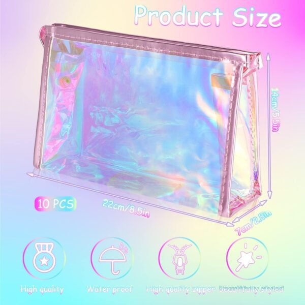 BESARTE 10 Pcs Holographic Makeup Bags Bulk, Mother's Day Gifts for Women Clear Portable Zippered Toiletry Bag Waterproof Cosmetic Bags Wedding Gifts for Bride Bridesmaids