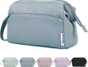 71GBlMUATfL._AC_SL1500_.jpg Narwey Wide-open Makeup Bag Women Make up Bag Travel Cosmetic Bag Organizer Toiletry Bag for Cosmetics Toiletries Accessories (Greyish Blue)