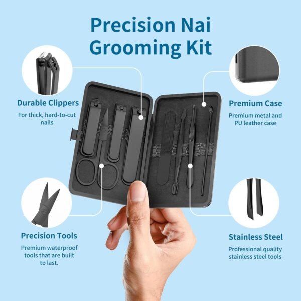 Precision 8 Pieces Men’s Nail Grooming Travel Kit, Stainless Steel Manicure Set with Fingernail & Toenail Clippers, Nail File, Slant Tip Tweezers, Cuticle Scissors, Cuticle Pusher, Travel Case