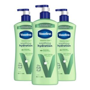 71GQHkA9vSL._SL1500_.jpg Vaseline Intensive Care Body Lotion for Dry Skin Soothing Hydration Lotion Made with Ultra-Hydrating Lipids + 1% Aloe Vera Extract to Refresh Dehydrated Skin 20.3 oz, Pack of 3 (packaging May Vary)