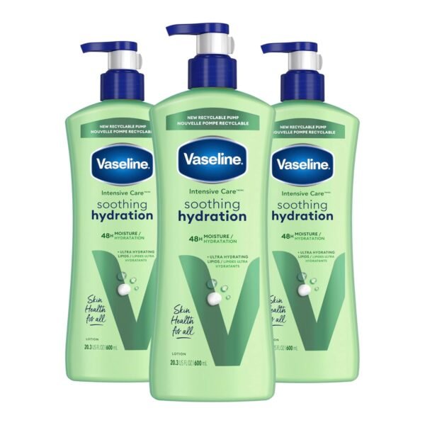 71GQHkA9vSL._SL1500_.jpg Vaseline Intensive Care Body Lotion for Dry Skin Soothing Hydration Lotion Made with Ultra-Hydrating Lipids + 1% Aloe Vera Extract to Refresh Dehydrated Skin 20.3 oz, Pack of 3 (packaging May Vary)