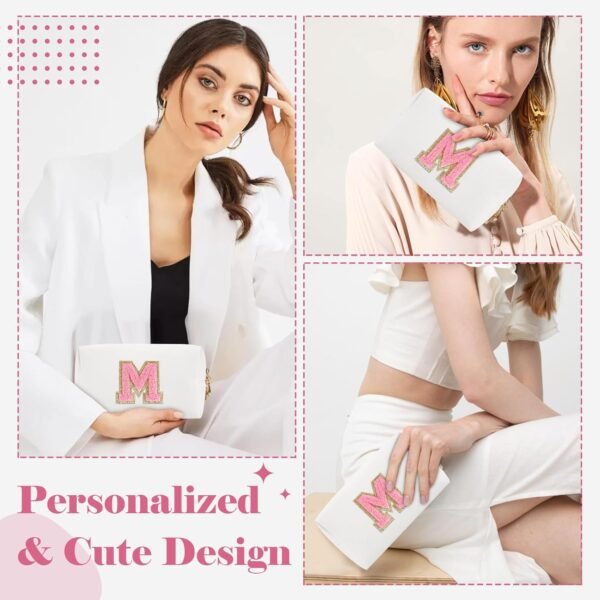 71GZSInis7L._SL1500_.jpg Personalized Makeup Bag Initial A-Z Preppy Patch Bag,Small PU Leather Travel Cosmetic Bag Pouch with Zipper,White Cute Toiletry Bag,Gift Ideal for Teen Girls Women Birthday Friend Mom,Letter M