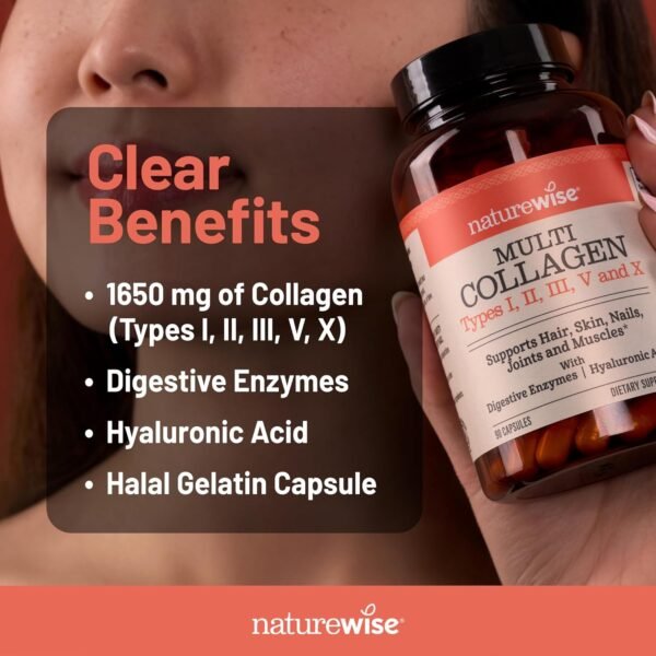 NatureWise Multi Collagen Peptides Pills for Women & Men - Type I, II, III, V, X w/Hyaluronic Acid - Supports Skin, Hair, Joint Health* - Grass Fed, Gluten Free, Non-GMO - 90 Capsules[30 Day Supply]