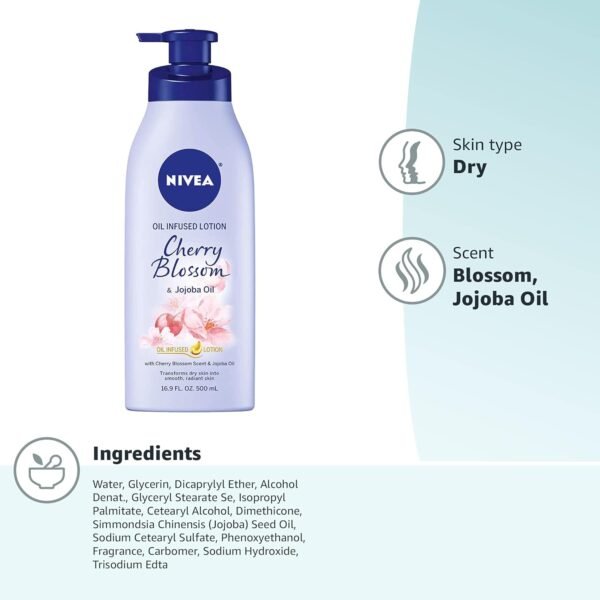 NIVEA Oil Infused Cherry Blossom and Jojoba Oil Body Lotion for Women, Fast-Absorbing and Non-Greasy Cherry Blossom Scented Lotion Moisturizes for 48 Hours, 16.9 Fl Oz Pump Bottle