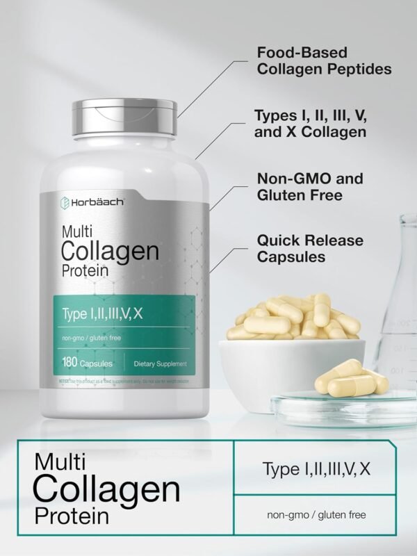 71GpVReoIYL._AC_SL1500_.jpg Horbäach Multi Collagen Protein 2000 mg | 180 Capsules | Hydrolyzed Collagen Type I, II, III, V, X | Keto & Paleo Friendly, Non-GMO, Gluten Free Supplement