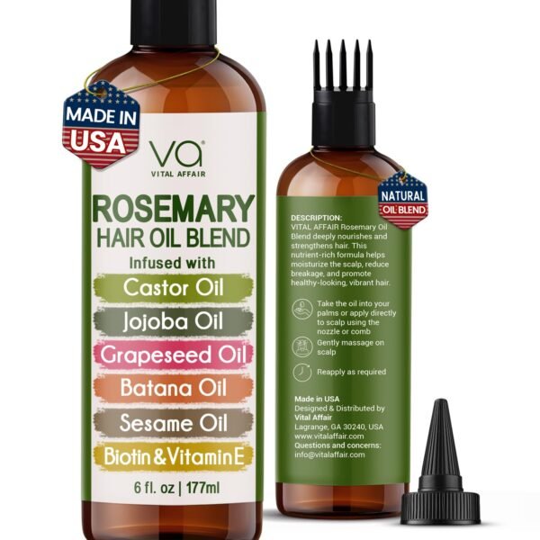 Blend Of Pure Rosemary Oil With Castor, Batana, Jojoba Oil - Infused With Biotin & Vitamin E-Blend of Effective Hair Oils for Hair Growth-Strengthening Treatment 6 Fl Oz
