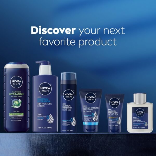 Nivea Men Maximum Hydration Body Wash for Dry Skin, Aloe Vera Enriched, 3-in-1 Moisturizing Body Wash, Face and Hair, Paraben Free, Vegan Formula, 16.9 Fl Oz Bottle, Pack of 3