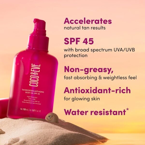 Coco & Eve Tan Boosting Anti-Aging Body Oil SPF45 - Tanning Accelerator Pump, UVA UVB Sun Protection | Moisturizing Outdoor Bronzing Enhancer with Natural Ingredients, Antioxidants (5.07 Fl Oz)