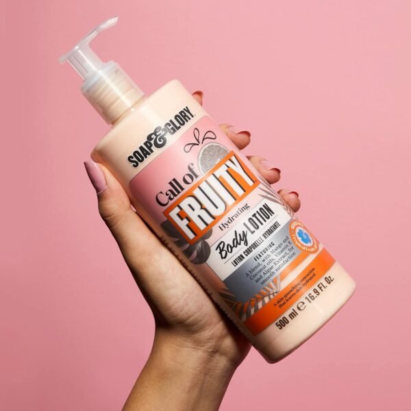 Soap & Glory Call of Fruity Vegan Body Lotion - Moisturizing Body Lotion with Vitamin E, Coconut Oil & Aloe Extracts - Tropical Fruits, Juicy Melon & Hibiscus Cocoa Butter for Dehydrated Skin (500ml)
