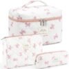 Makeup Bag for Women 3PCS Quilted Cotton Make Up Bag Travel Cosmetic Bag Large Makeup Bag Set Cute Bow Makeups Purse Organizer Floral Toiletry Pouch