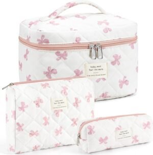 71HRt59kMPL._AC_SL1500_.jpg Makeup Bag for Women 3PCS Quilted Cotton Make Up Bag Travel Cosmetic Bag Large Makeup Bag Set Cute Bow Makeups Purse Organizer Floral Toiletry Pouch