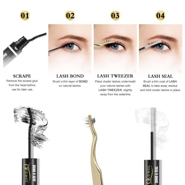 QUEWEL Lash Clusters Bond And Seal, Black Cluster Lashes Glue For DIY Eyelash Extensions, Strong Hold&Waterproof Eyelash Clusters Glue, Gentle Lashes Glue
