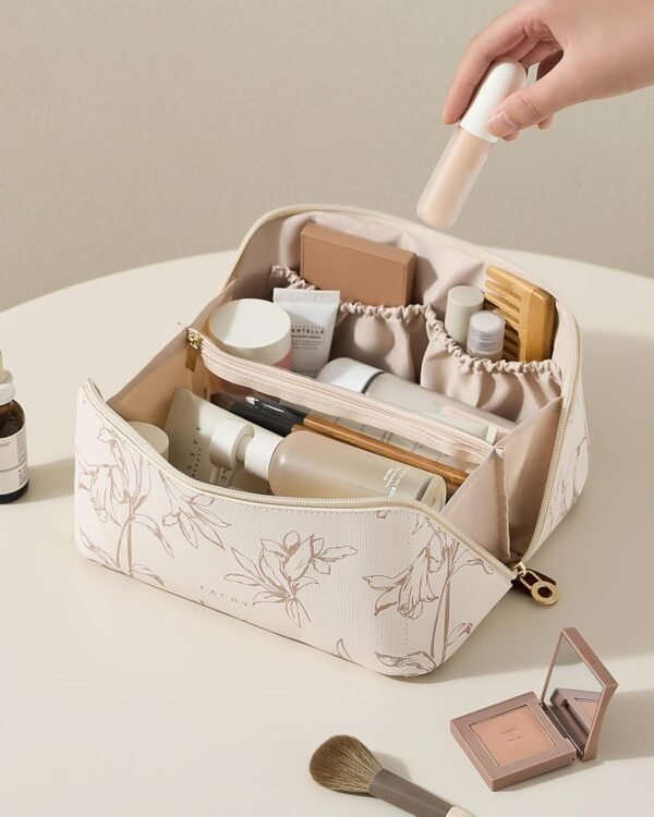 71I-f9KnO-L._AC_SL1500_.jpg EACHY Travel Makeup Bag, Large Capacity Cosmetic Bags for Women, Waterproof Portable Pouch Open Flat Toiletry Bag Pattern Make up Bag (F-Beige)