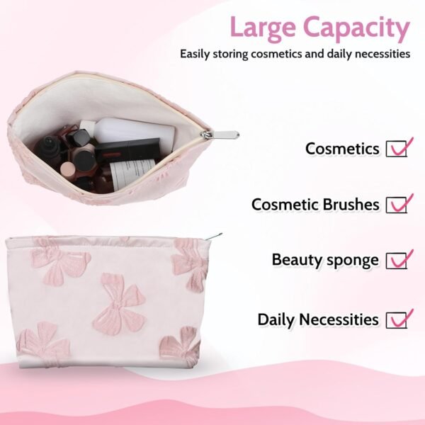 Makeup Bag Large Capacity Elegant Bow Preppy Cosmetic Bag Aesthetic Design Canvas Zipper Organizer Pouch Cute Roomy Pink Portable Toiletry Bag for Women Girls Travel Storage Accessories