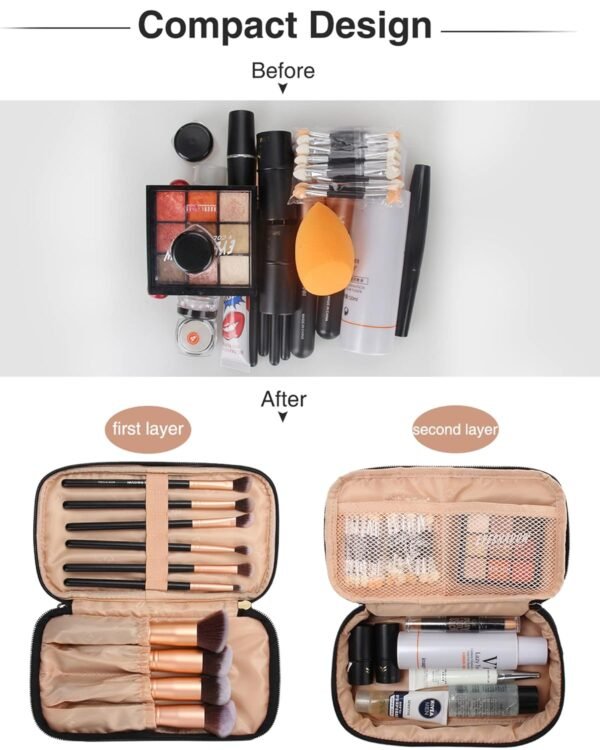 71I8FQhvtML._SL1500_.jpg Relavel Makeup Bag, Small Makeup Bag for Women, Travel Cosmetic Bag, 2 Layers Waterproof Makeup Organizer Storage with Makeup Brush Holder, Black