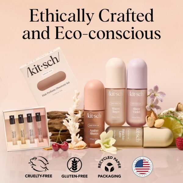 71IKUTBd9L._SL1280_.jpg Kitsch Hair Perfume For Women (Discovery Set) - Pistachio Latte, Warm Sugar, Sheer Violet & Amber Waves - Patented Odor-Eliminating Technology, Body Mist - Freshen Hair, Body & Pillows - 4x1.5mL