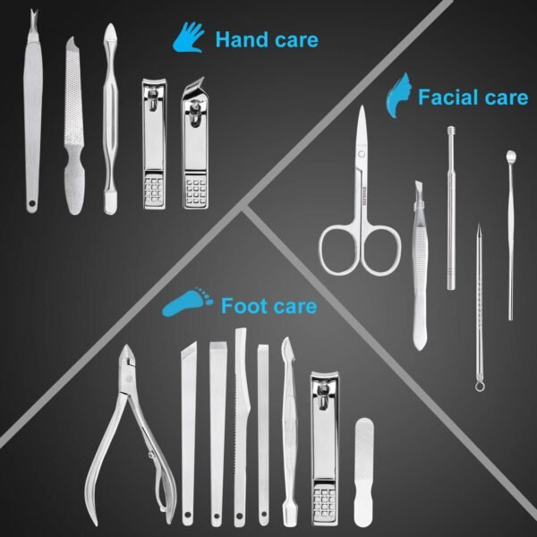 71IYPzTVO8L._SL1500_.jpg Nail Clippers Set Fingernail and Toenail Clipper Cutters, Manicure Pedicure Kit 18 Pieces Stainless Steel Professional Grooming Kits, Nail Care Tools with Luxurious Travel Case