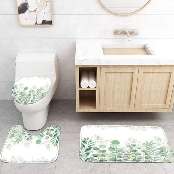 DDQQ Green Leaves Shower Curtain Sets with Non-Slip Rug, Toilet Lid Cover and Bath Mat, Plant Leaves Shower Curtain Sets with 12 Hooks, Shower Curtain for Bathroom Set Decor
