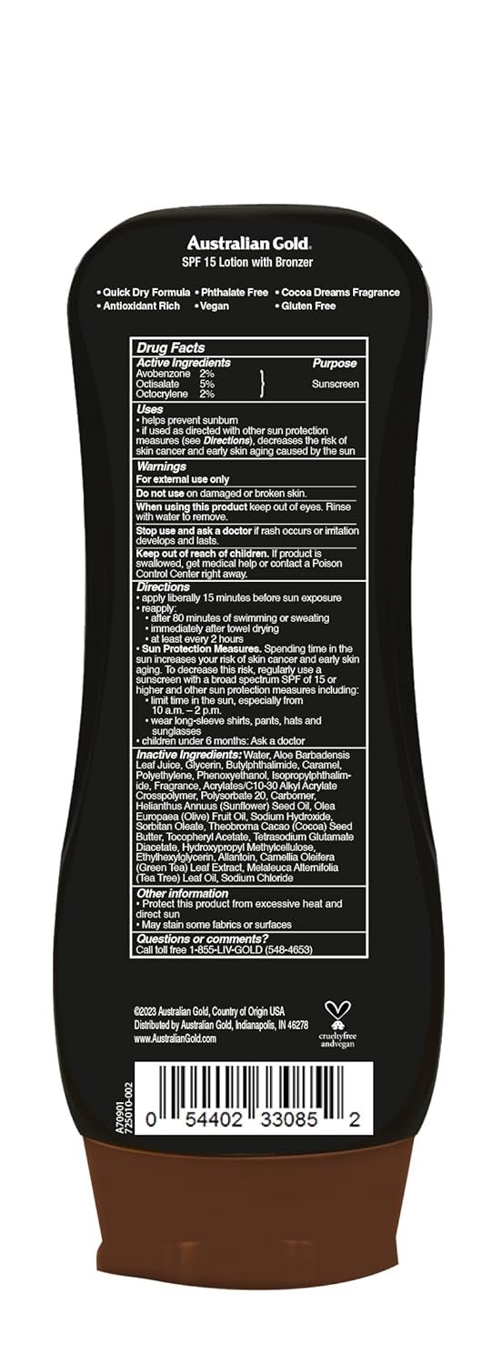 71IuPCHhWhL._SL1500_.jpg Australian Gold Sunscreen Lotion with Instant Bronzer SPF 15, 8 Ounce | Broad Spectrum | Water Resistant | Non-Greasy | SPF 15 8 Fl Oz (Pack of 1)