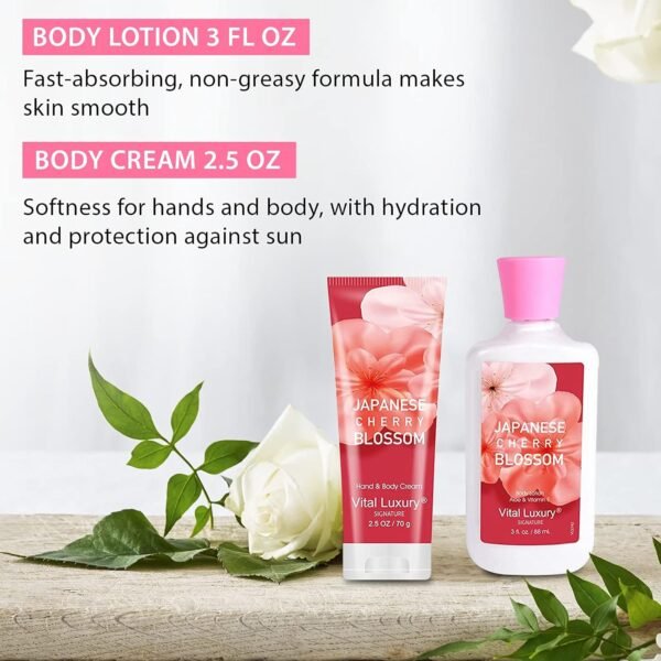 Bath and Body Care Gift Set for Women and Girls, Personal Self-Body Care Travel Set, Japanese Cherry Blossom Spa Home Set with Natural Extracts, 4 Pack - Shower Gel, Body Lotion, Body Mist, Hand Cream