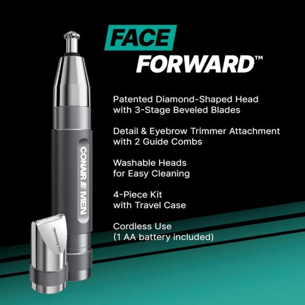 71J-R-PSGmL._AC_SL1500_.jpg Conair Men Ear, Nose and Eyebrow Trimmer, Patented 360° Bevel Blade for No Pulls, Nicks or Cuts Guaranteed, Nose Hair Trimmer for Men, Non-Slip Grip, 5-Piece Kit with Travel Case